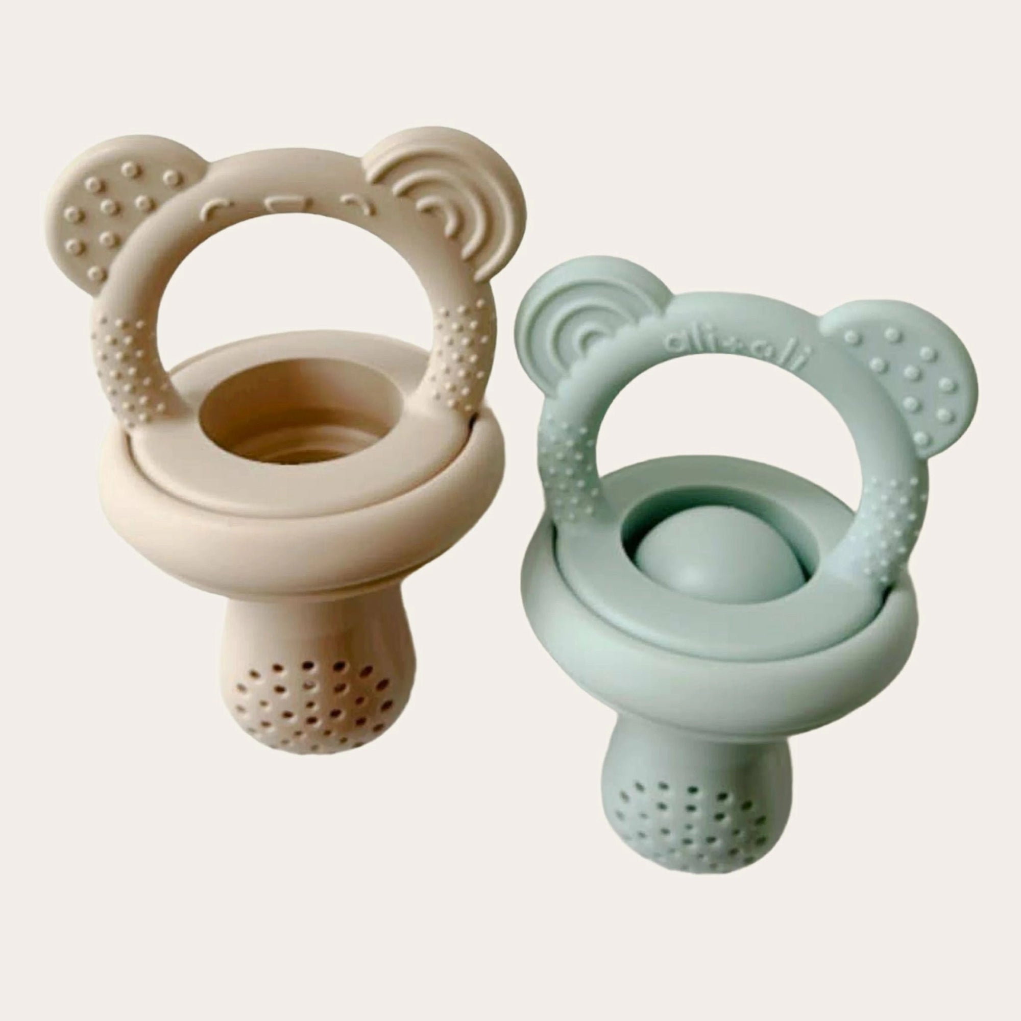 Cute bear motif on Ali+Oli silicone teether for babies.