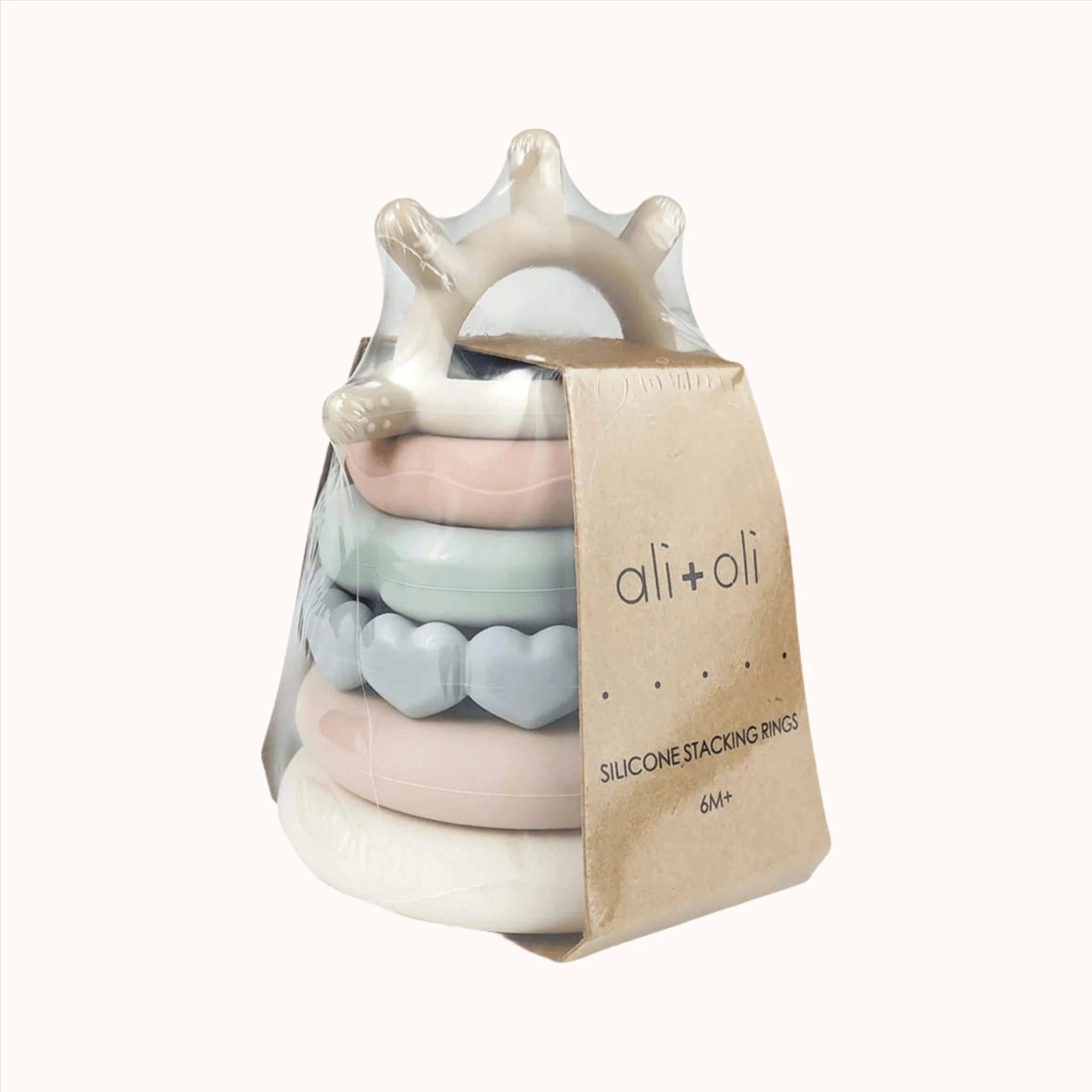 Ali + Oli Soft Silicone Stacking Ring Tower product box with a decorative crown design