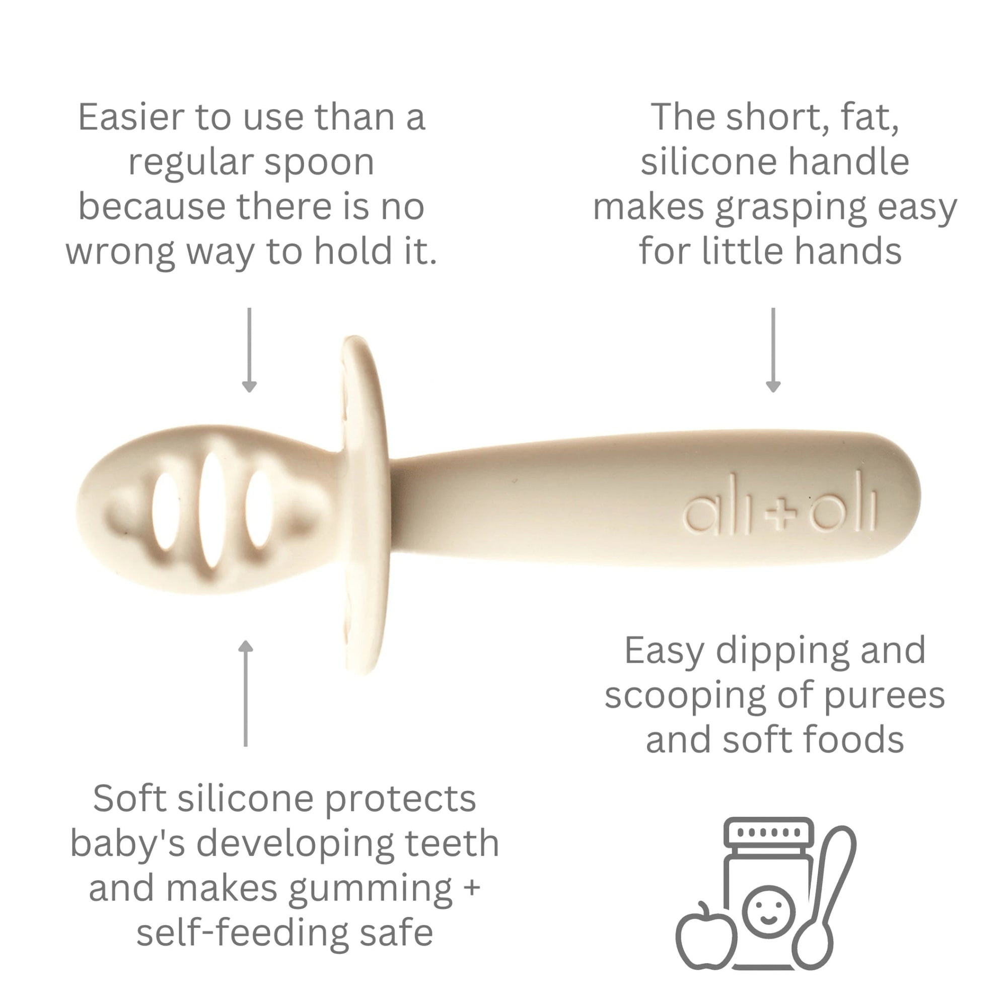 Detailed view of Ali+Oli silicone baby spoon with usage instructions