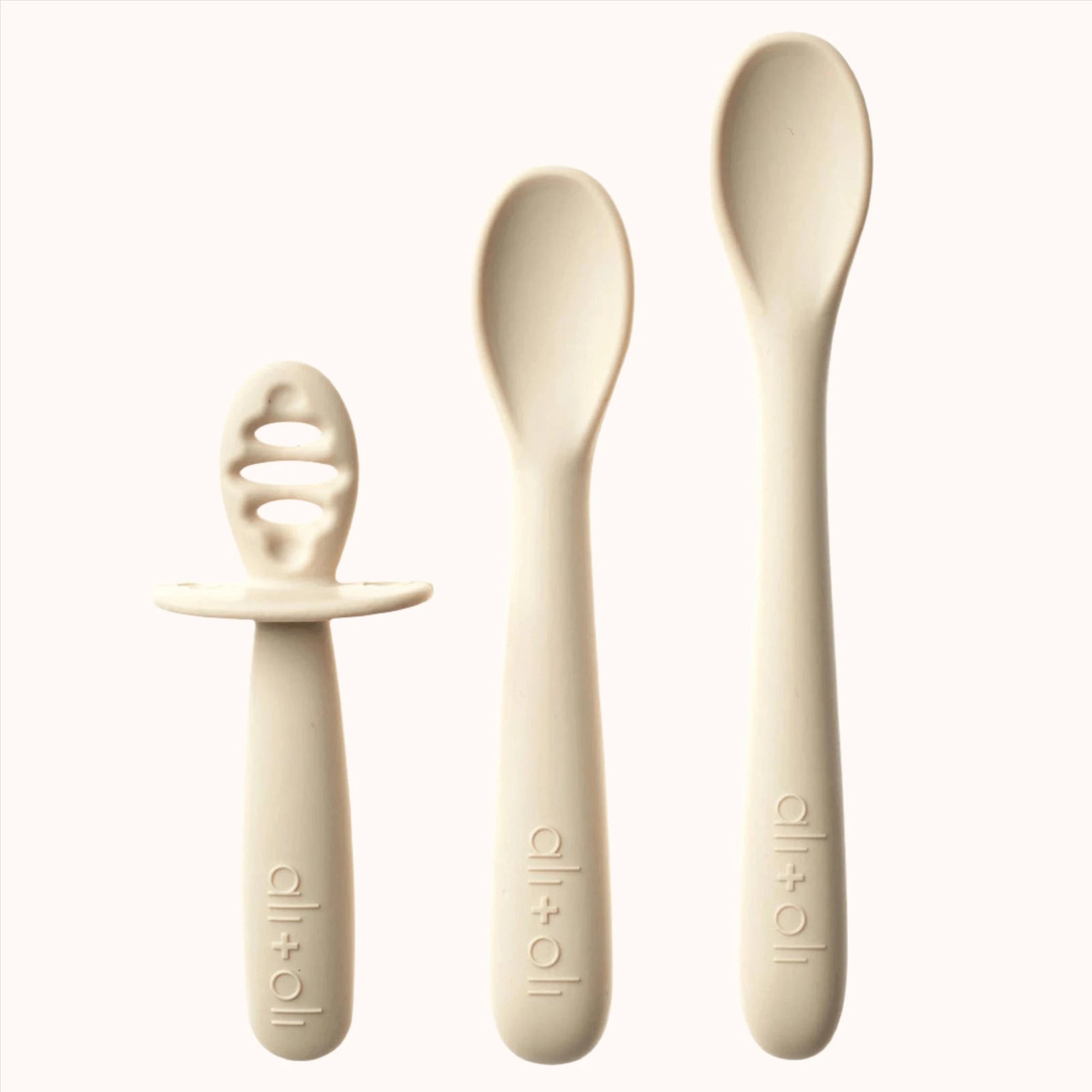 Set of three Ali+Oli baby spoons with a holder for easy storage