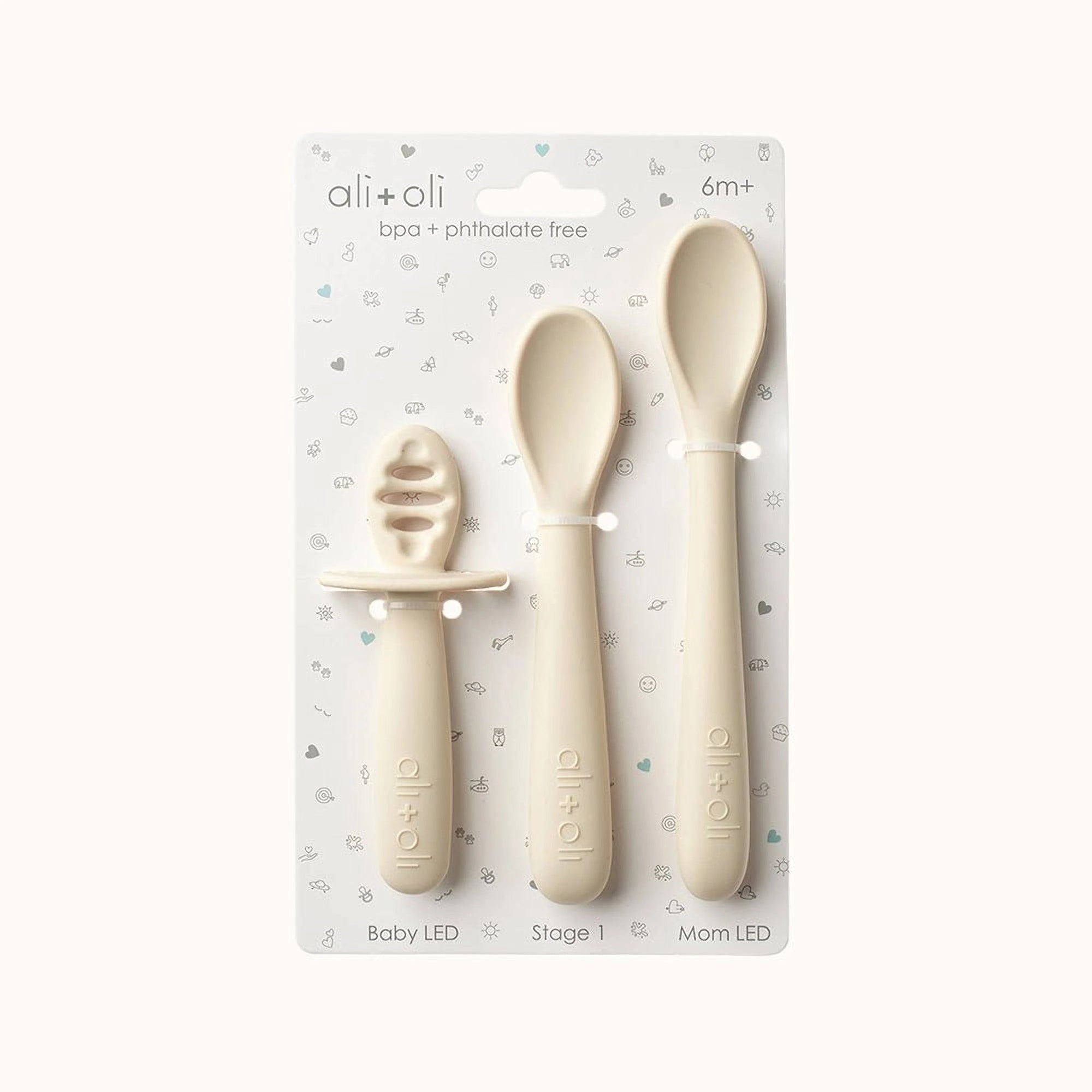 Ali+Oli Coco baby spoon set packaging with three spoons included