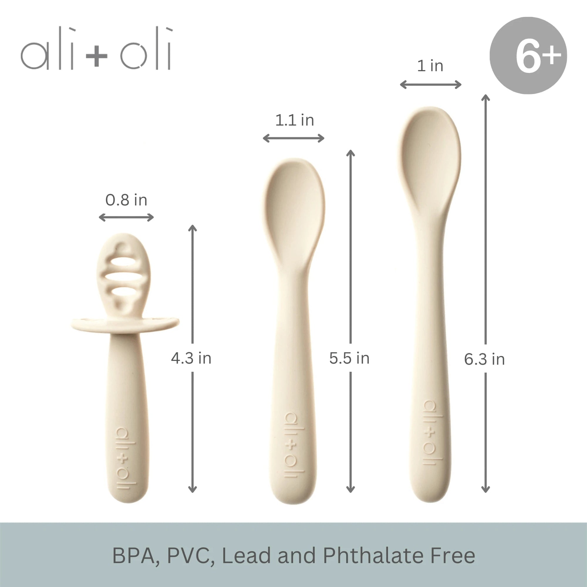 Ali+Oli three-piece silicone spoon set for babies with size indicators