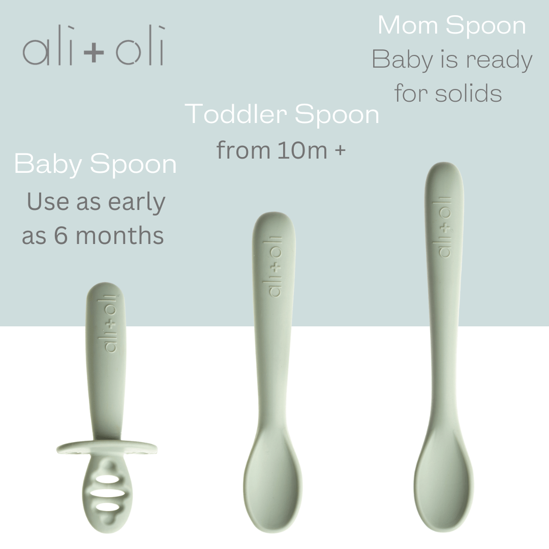 Close-up of the Ali+Oli baby spoon set highlighting the design suitable for infants