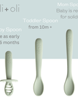 Close-up of the Ali+Oli baby spoon set highlighting the design suitable for infants