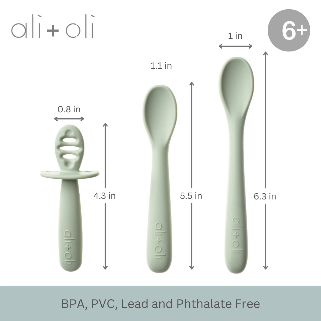 Ali+Oli three-piece baby spoon set with size indicators