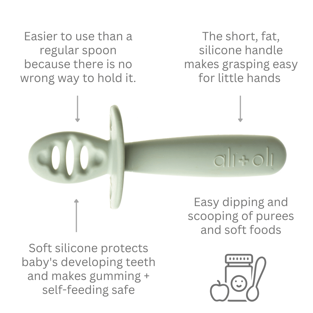 Silicone baby spoon by Ali+Oli with easy-grip handle for teething infants