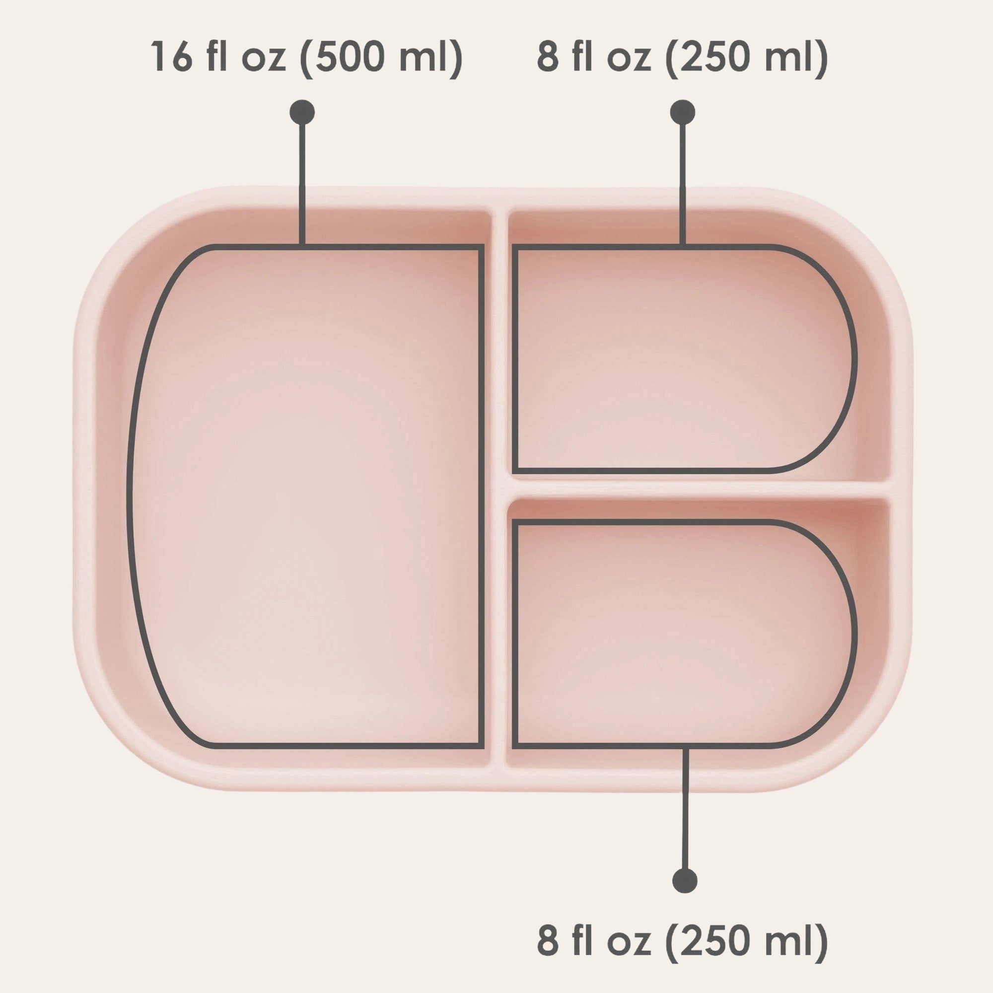 Measurement details showcased on the two-compartment blush silicone tray