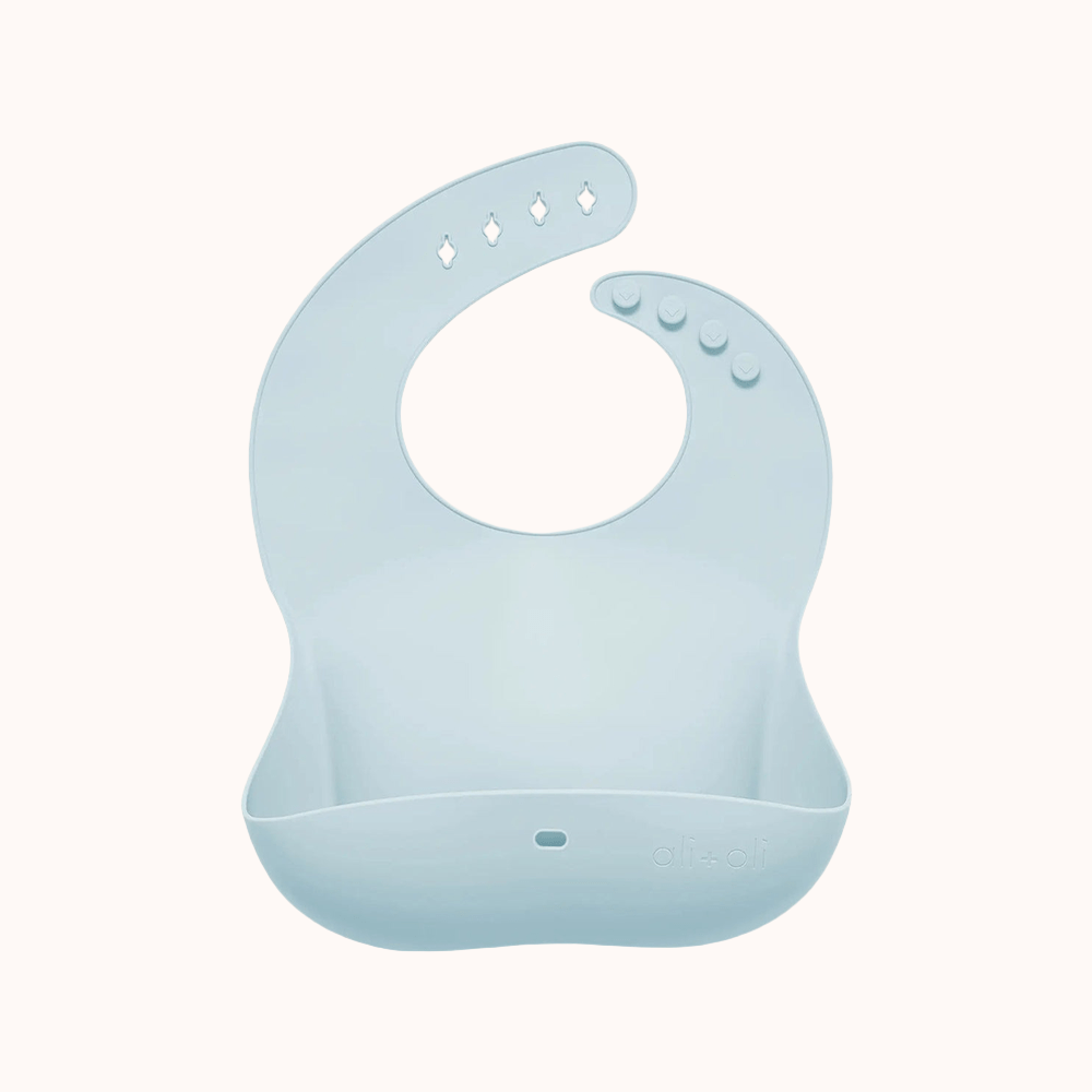 Ali+Oli Silicone Baby Bib in blue with a convenient stay-closed feature