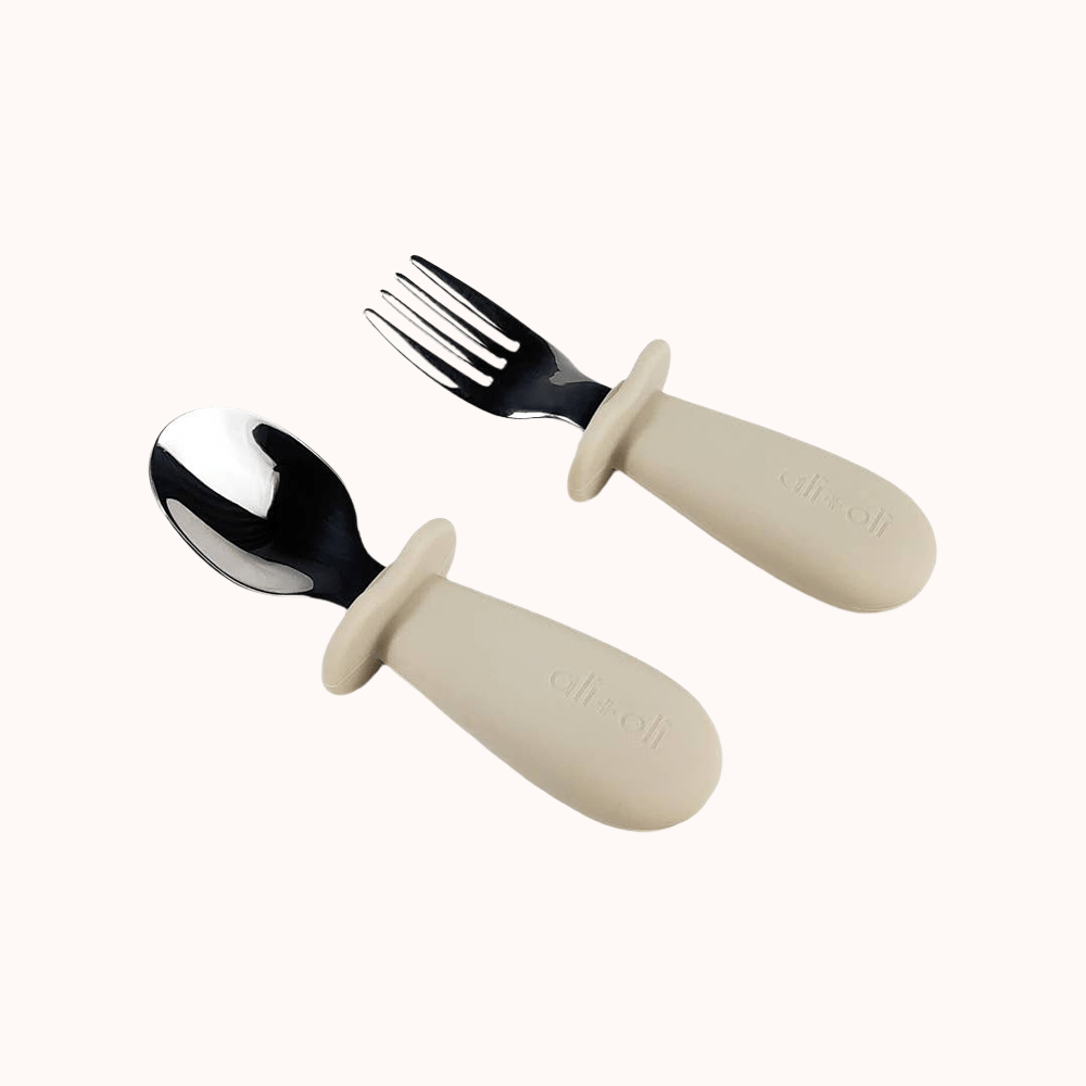 Ali+Oli toddler spoon and fork with white and khaki handles for easy learning