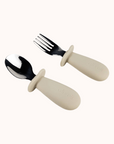 Ali+Oli toddler spoon and fork with white and khaki handles for easy learning