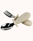 Toddler's spoon and fork with khaki-colored handles from Ali+Oli learning set