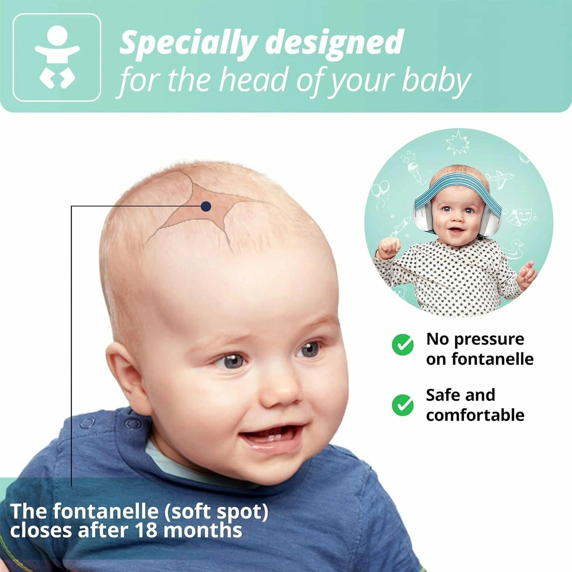 Close-up of a baby wearing Alpine Muffy Baby Sophie La Girafe earmuffs with product details