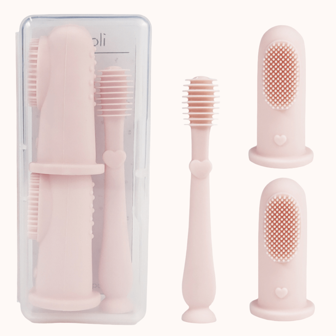 Trio of pink baby finger toothbrushes neatly packed in a travel-friendly case