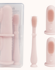 Trio of pink baby finger toothbrushes neatly packed in a travel-friendly case