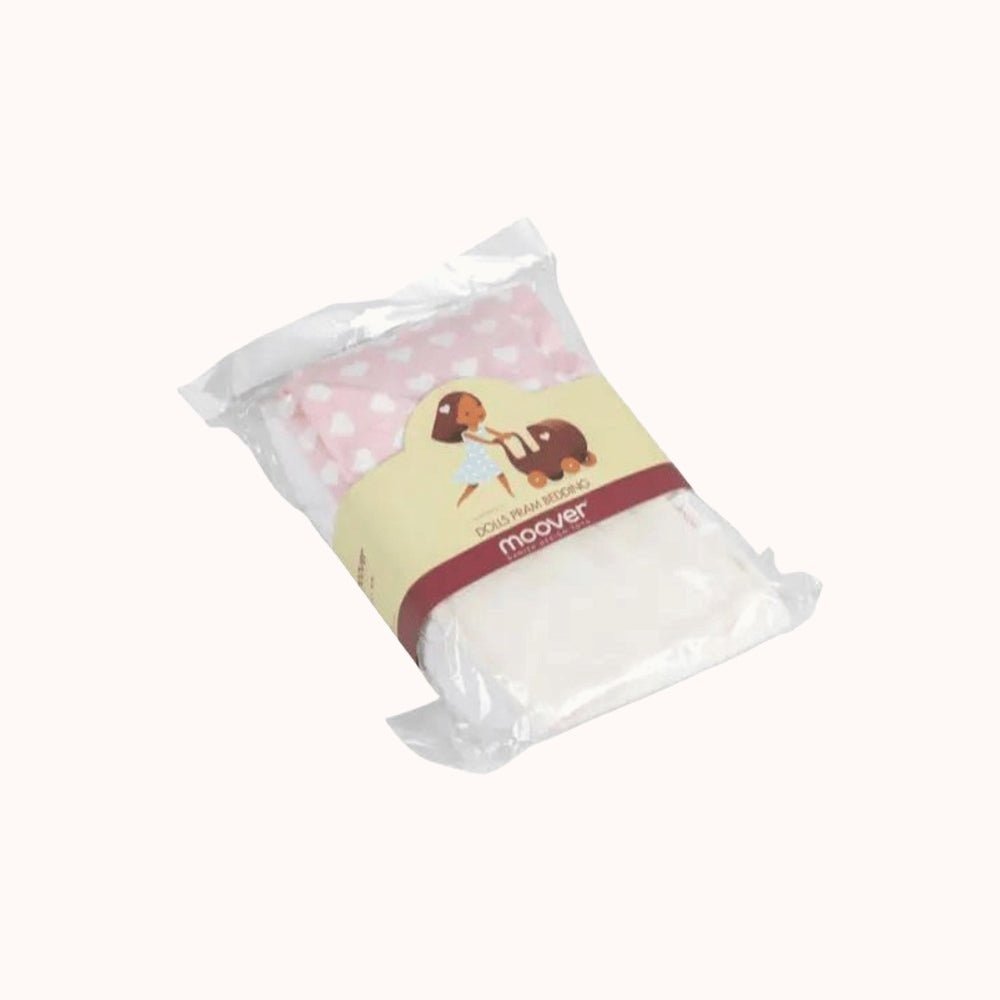 Packaging of the pink and white heart shaped bedding set for dolls stroller