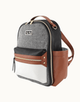 Two-tone coffee and cream mini diaper bag with a comfortable leather strap