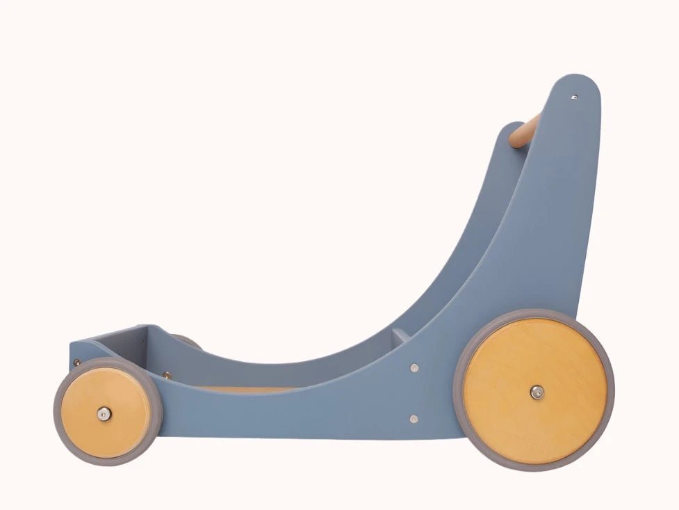 Kinderfeets Cargo Walker in Slate Blue with a wooden base