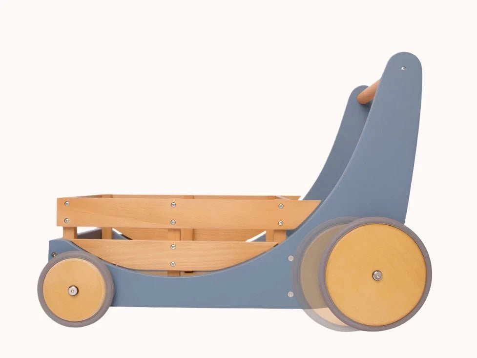 Side view of the Kinderfeets Cargo Walker with wooden wheels