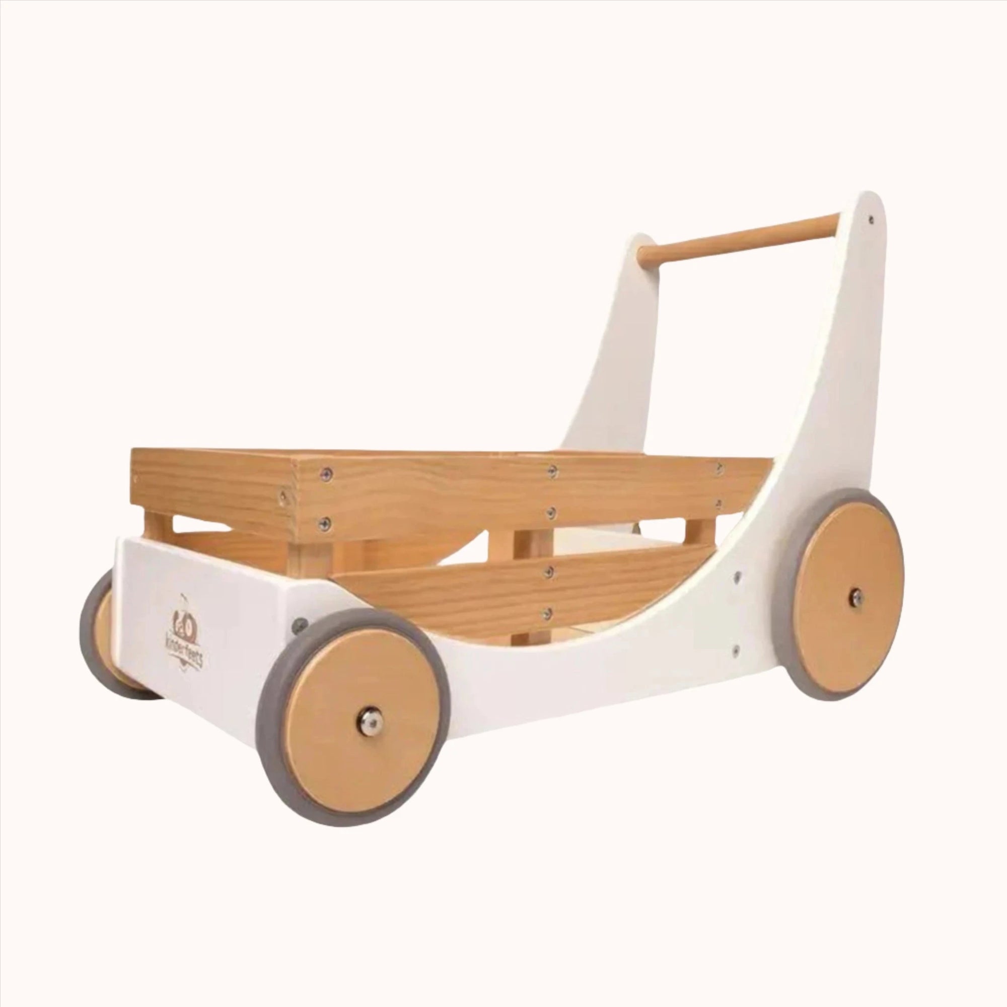 White Kinderfeets Cargo Walker with wooden handle and wheels