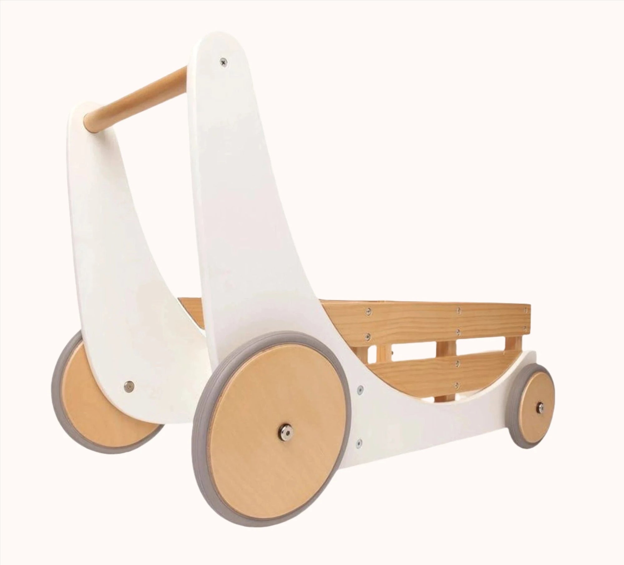 Side view of the white Kinderfeets Cargo Walker with wooden wheels