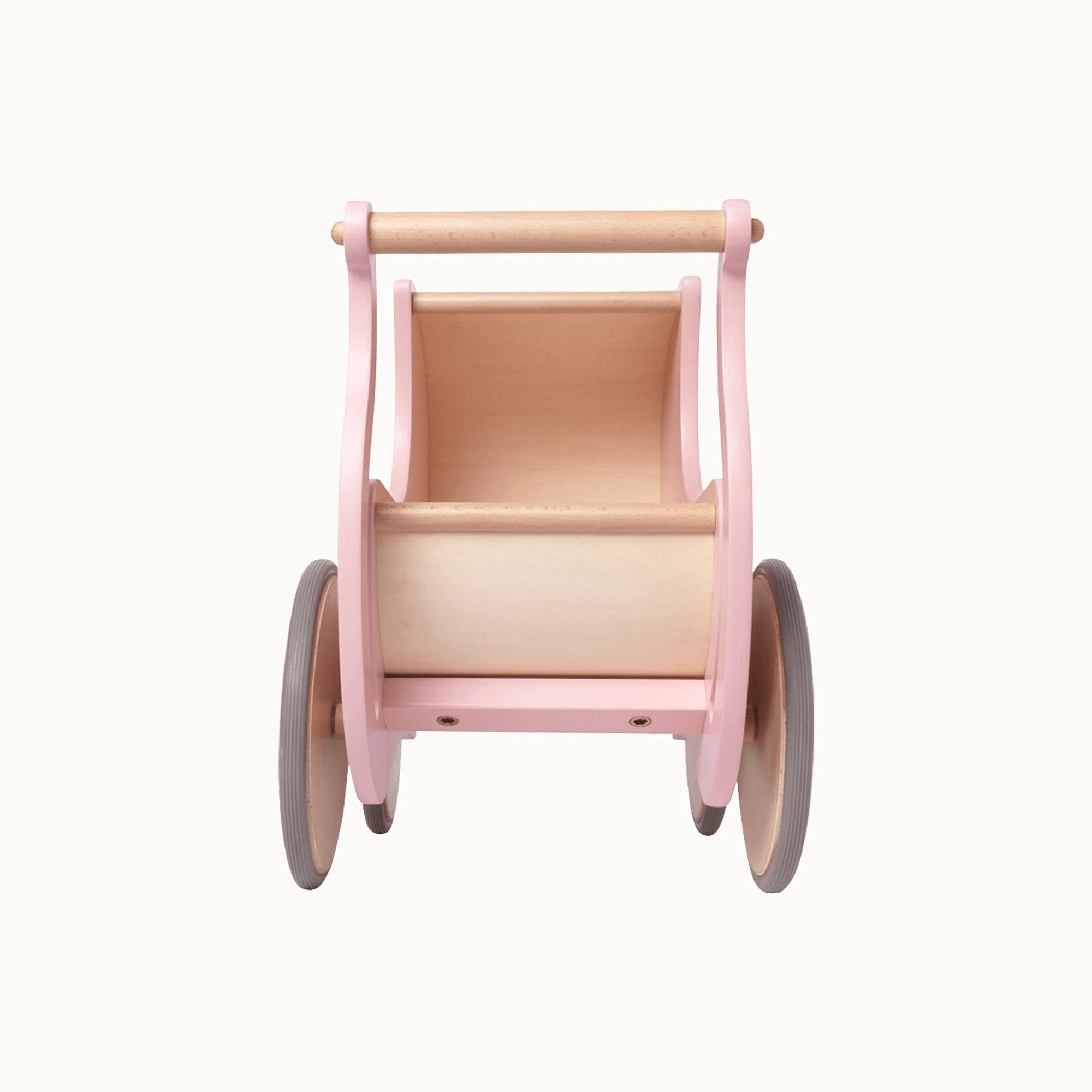 Kinderfeets wooden convertible walker and pram with a rose-hued seat