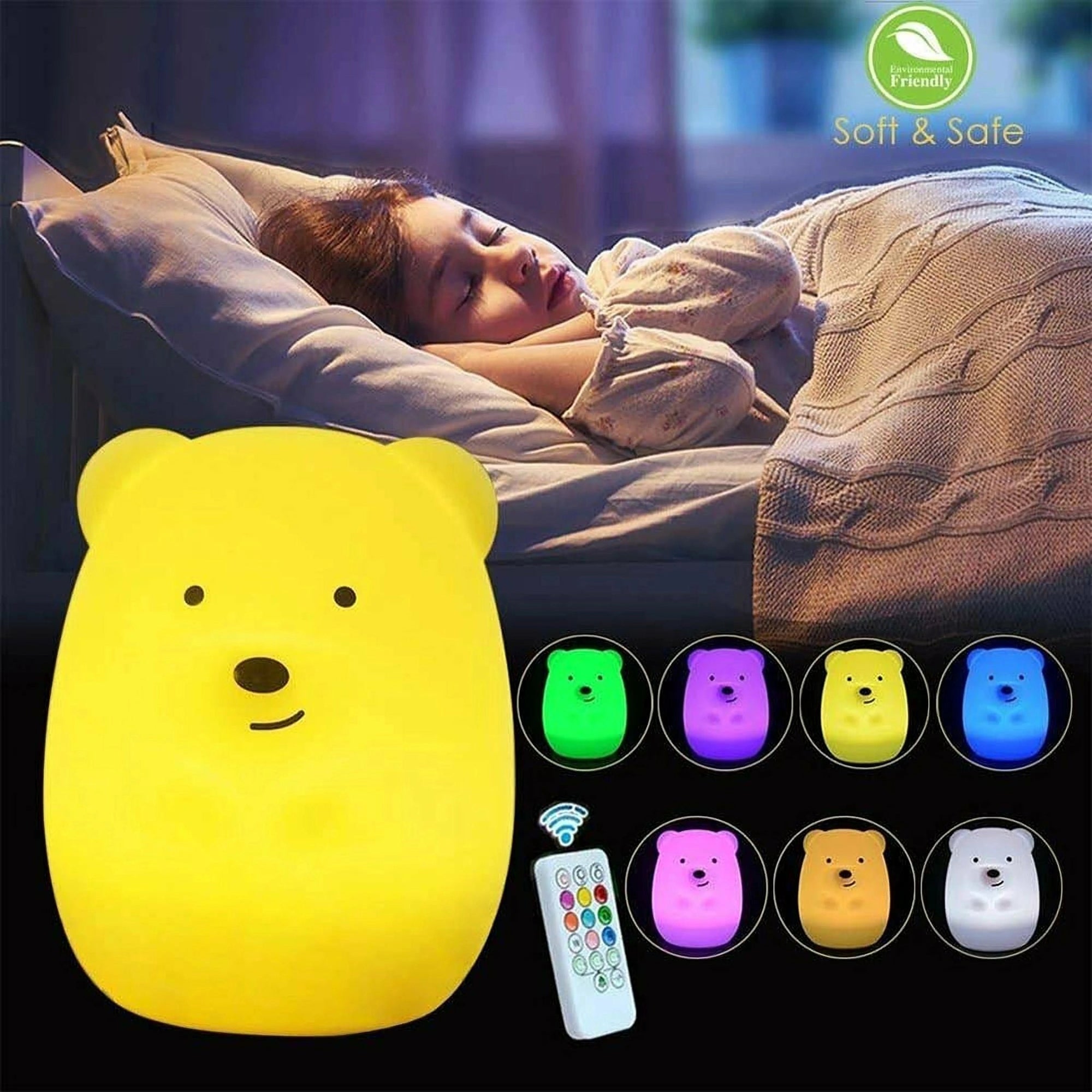 A sleeping child with a Lumipets LED bear night light and remote nearby