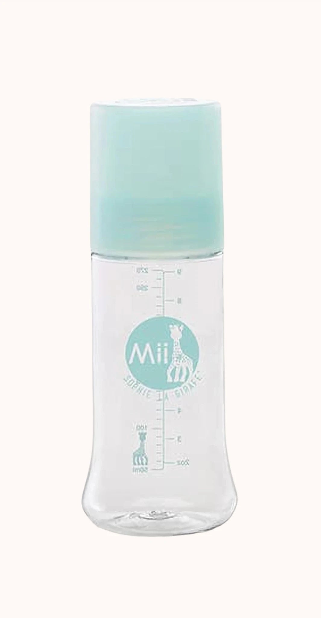 Mii Sophie La Girafe baby bottle featuring a blue lid and labeled design