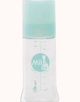 Mii Sophie La Girafe baby bottle featuring a blue lid and labeled design