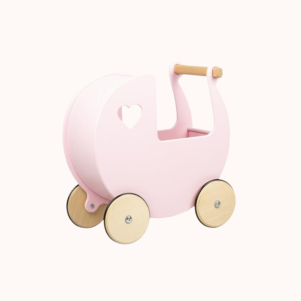 Light pink Moover traditional doll stroller with durable wooden wheels