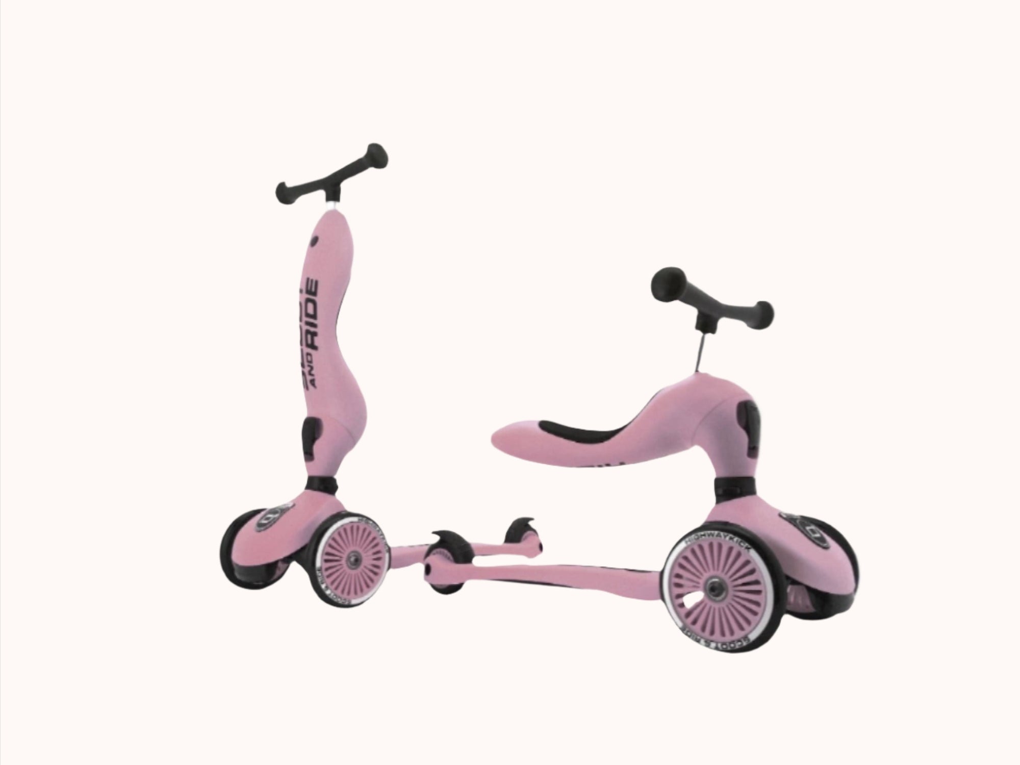 The Highwaykick 1 toddler scooter in rose with its stable black wheels and seat displayed