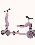 The Highwaykick 1 toddler scooter in rose with its stable black wheels and seat displayed