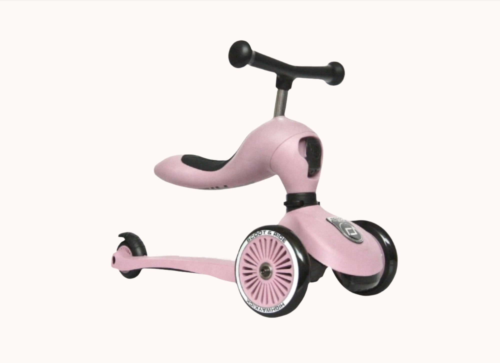 Rose-colored Highwaykick 1 scooter designed for toddlers aged 1 to 5 with black wheels and seat