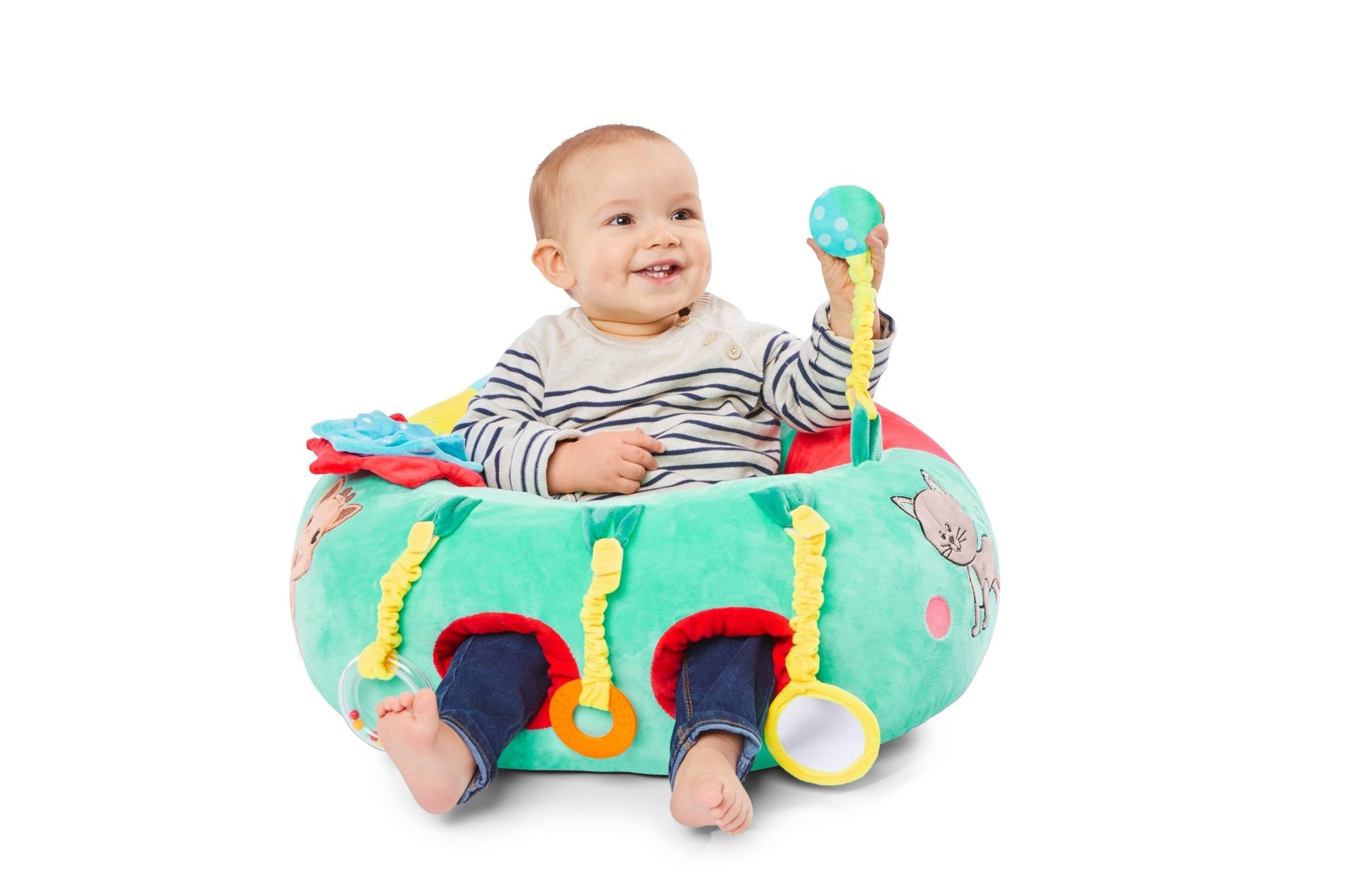 Baby sitting in Sophie la Girafe Baby Seat and Play Fresh Touch Collection
