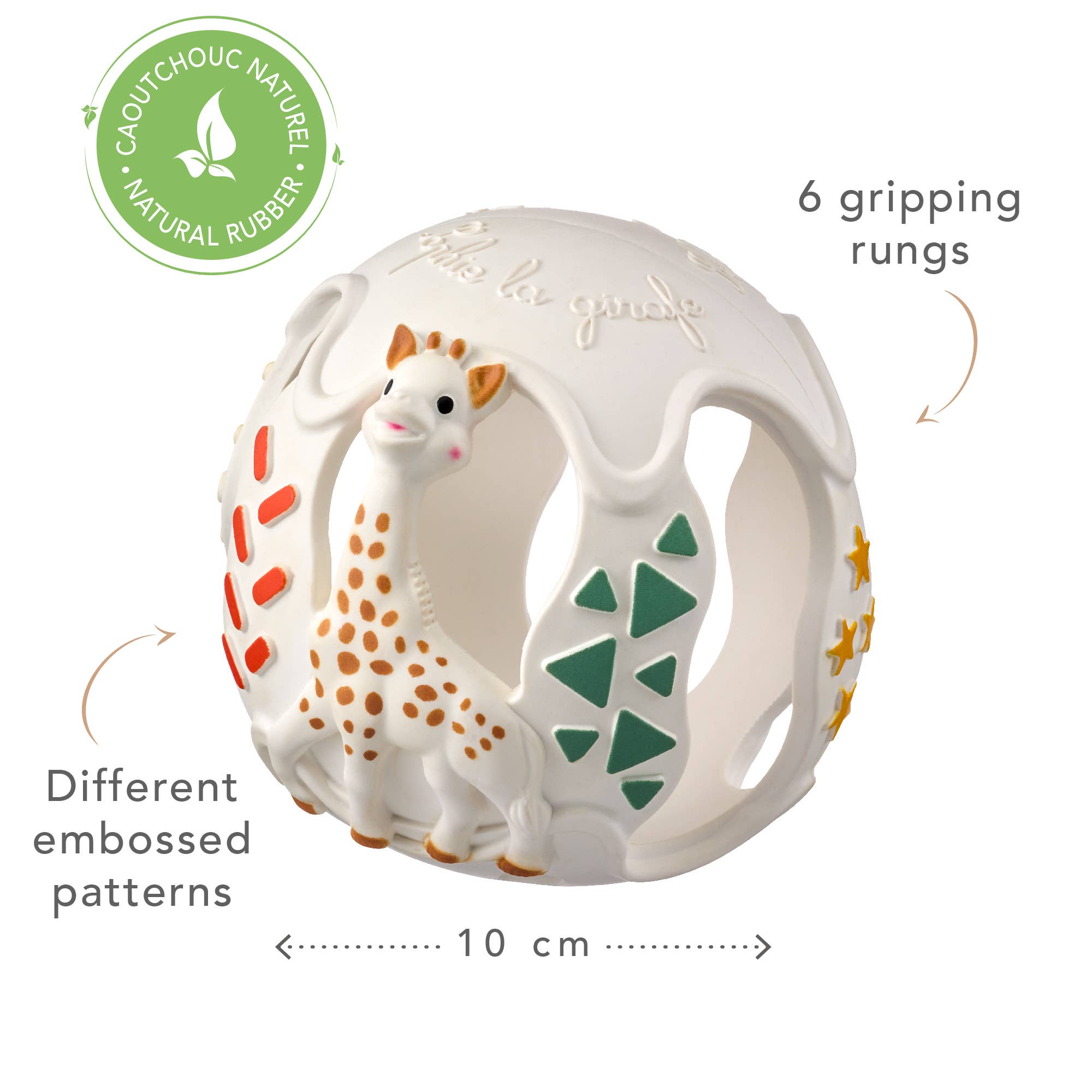 Sophie la Girafe Sensory Teething Ball showing different embossed patterns and 6 gripping rungs