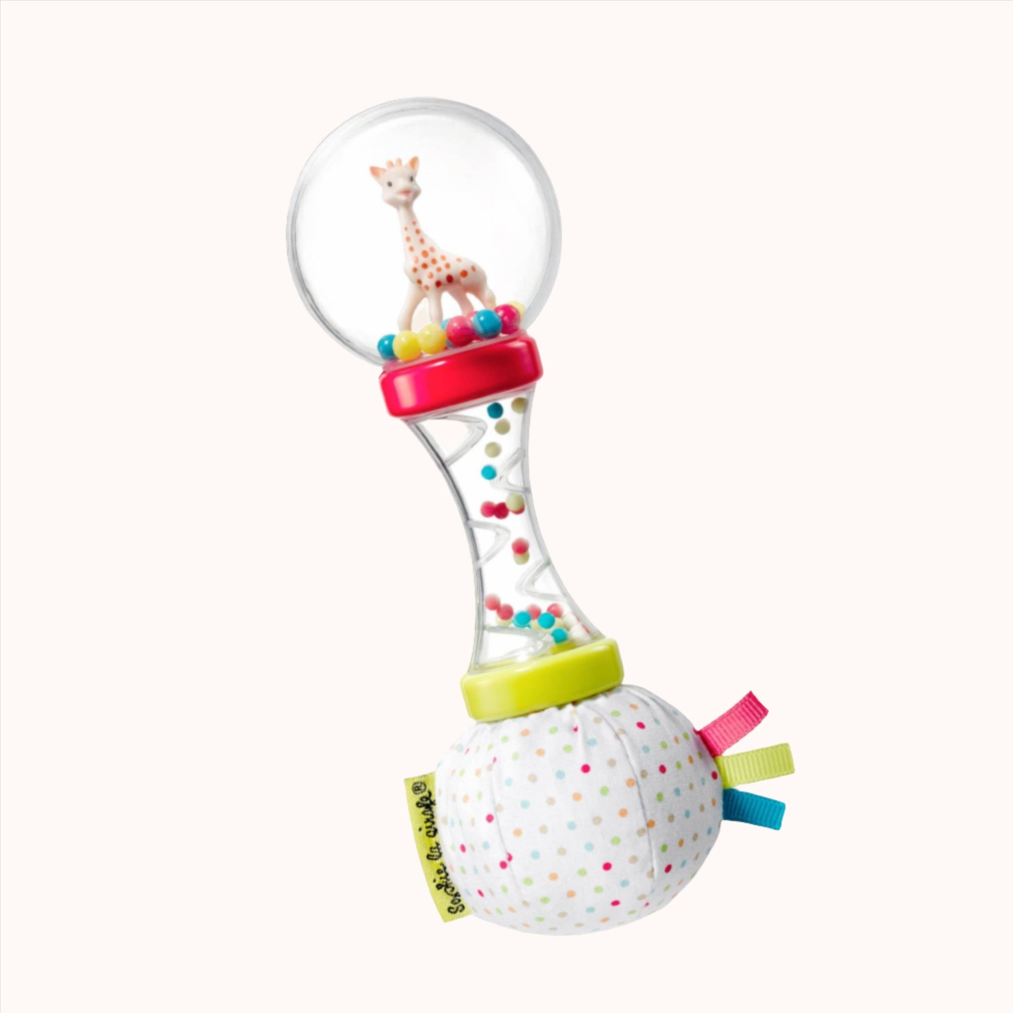 Sophie La Girafe brand soft maracas with a giraffe figure and a colorful ball