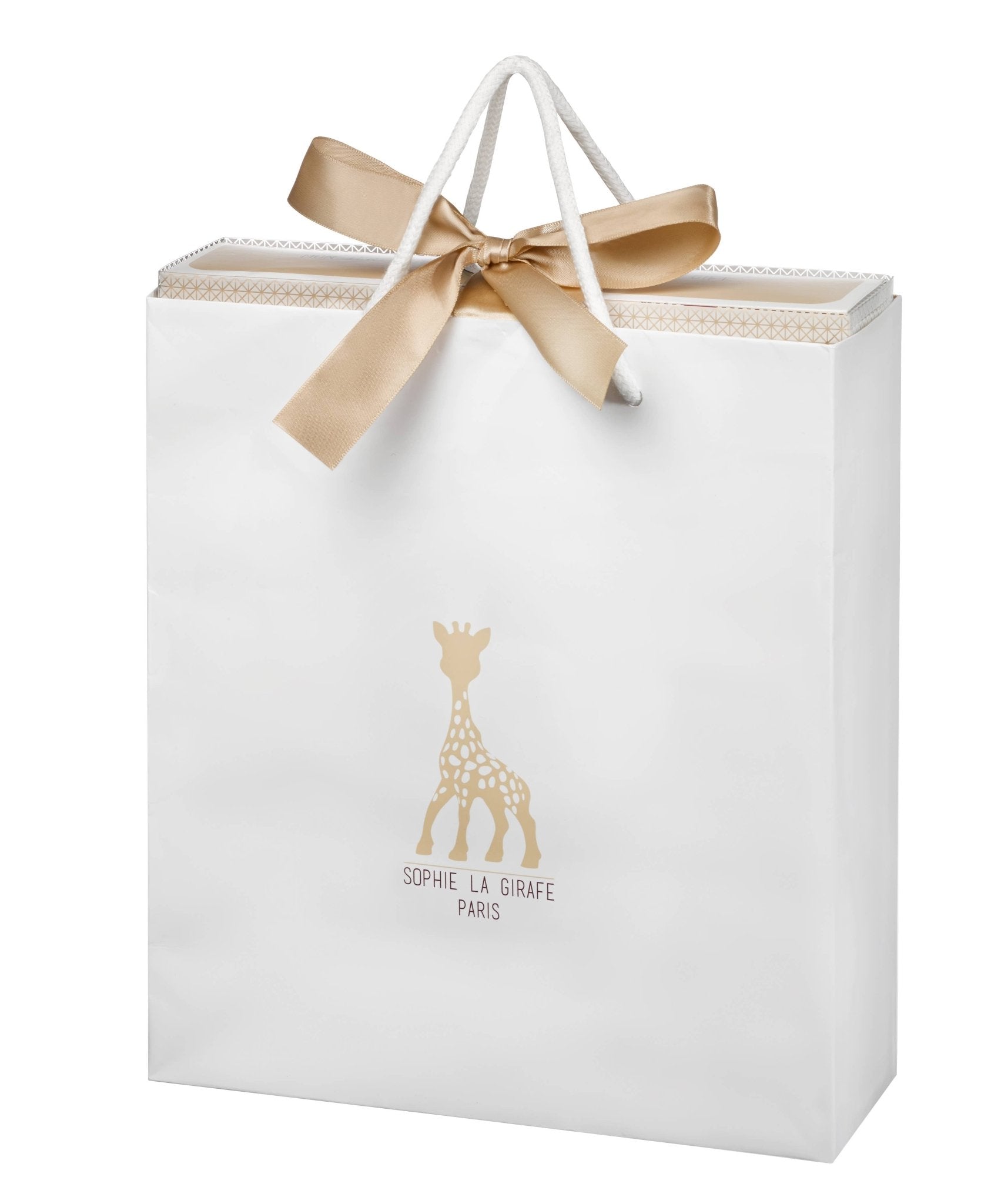 Sophie la Girafe teether and Pouet Rattle from Sophiesticated Set inside the gift bag