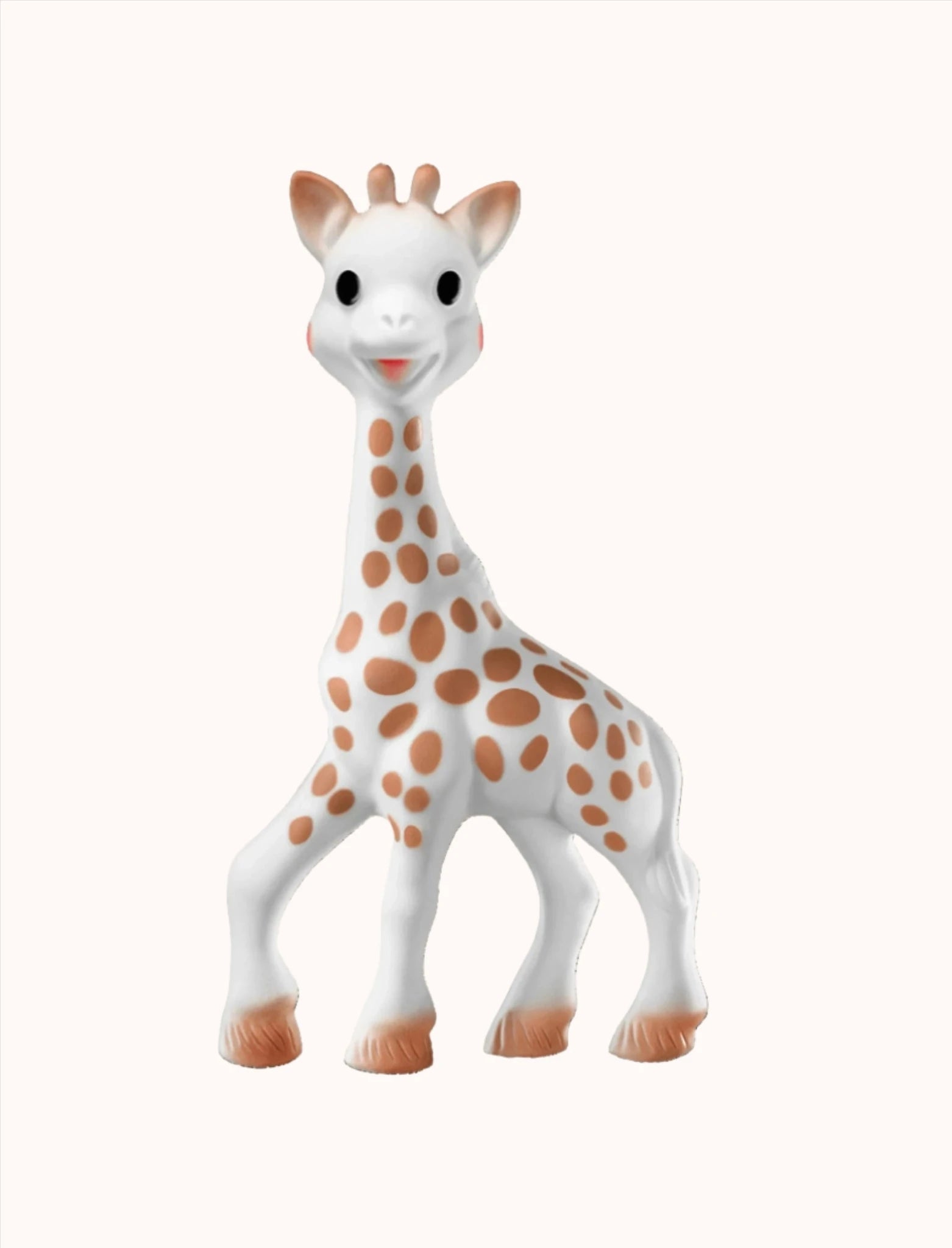 Close-up of the Sophie Save the Giraffes giraffe figurine on a cream colored backdrop