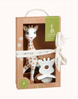 Sophie la girafe teething toy presented in a gift box with a green ribbon