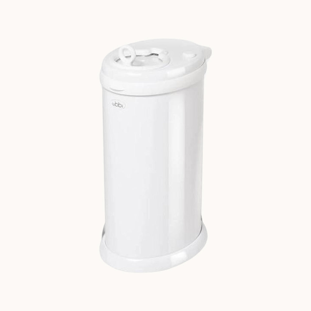 Ubbi Steel Diaper Pail in white with closed lid