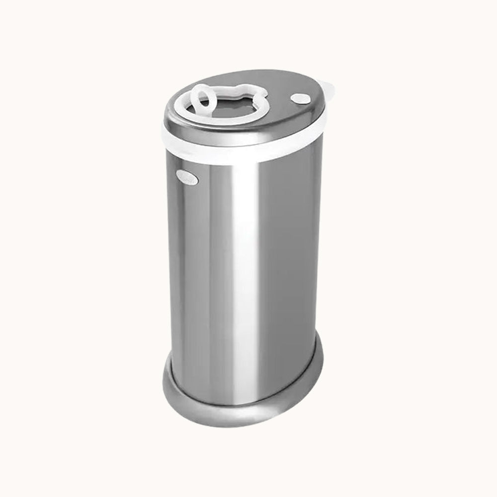 Ubbi Steel Diaper Pail in stainless steel with closed lid