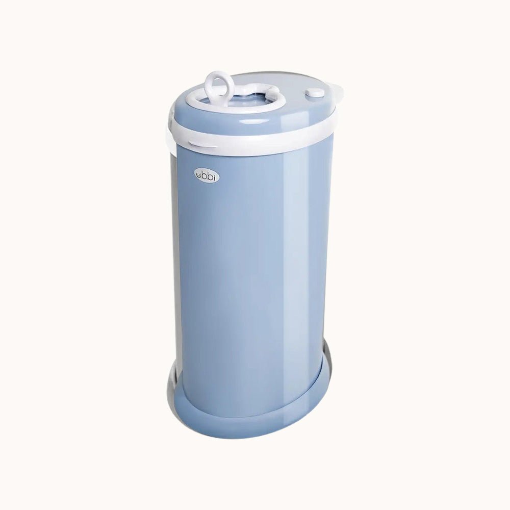 Ubbi Steel Diaper Pail in blue with closed lid