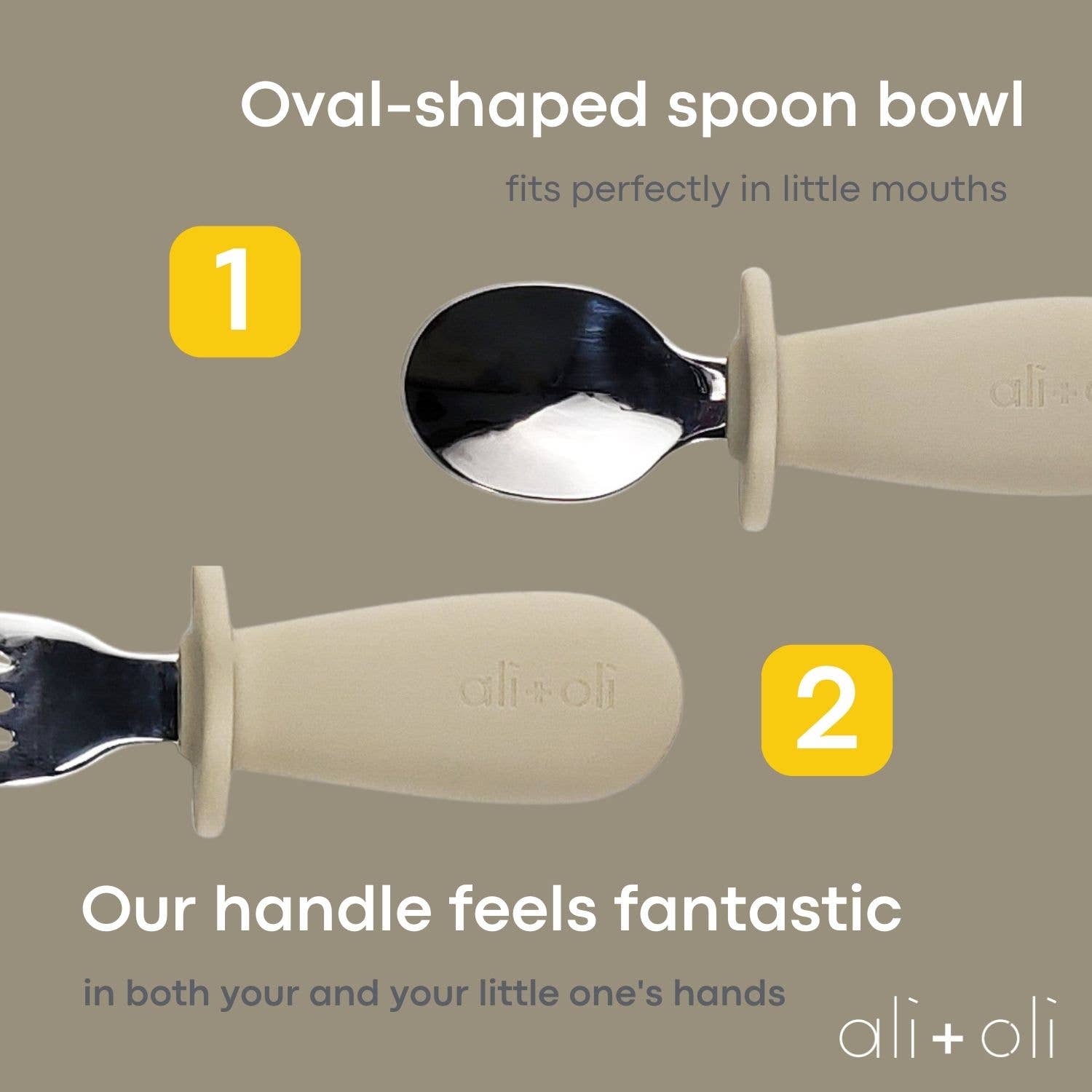 Ali+Oli toddler-friendly spoon and fork set with ergonomic handles for easy grip