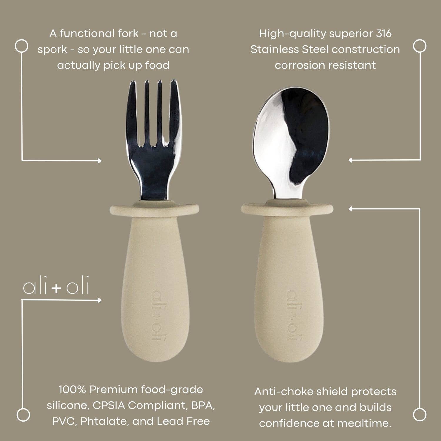 Khaki-colored Ali+Oli spoon and fork set for toddlers with brand logo