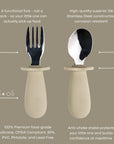 Khaki-colored Ali+Oli spoon and fork set for toddlers with brand logo